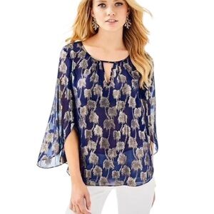 NWT Lilly Pulitzer Beccer Silk True Navy Blue & Metallic Gold Clip Top - S